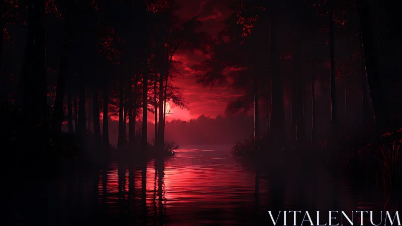 Twilight Forest Waterway With Red Sky Reflection