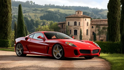 Photorealistic grand tourer before Tuscan villa, low angle framing.