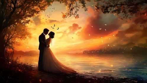 Couple silhouette at sunset over water with dramatic sky