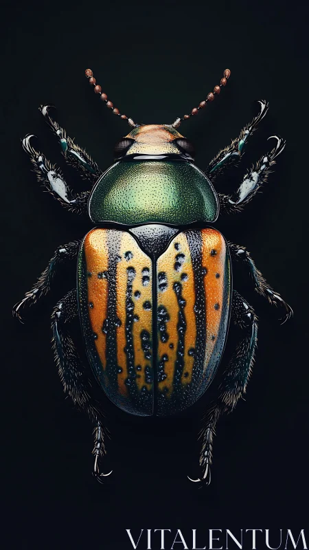 Striped galaxy beetle posing like a jeweled space rover.