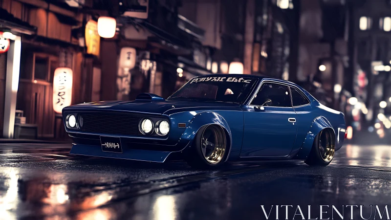 Widebody retro coupe on wet neon-lit Tokyo backstreet at night