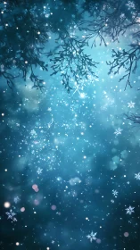 Winter canopy with crystalline snowflakes and bokeh glow.