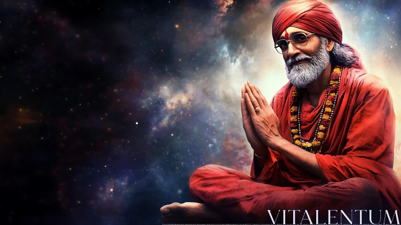 Elderly guru in red robes meditates against luminous galactic nebula