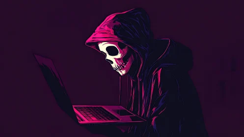 Grim reaper hacker skeleton in hoodie using laptop at night.