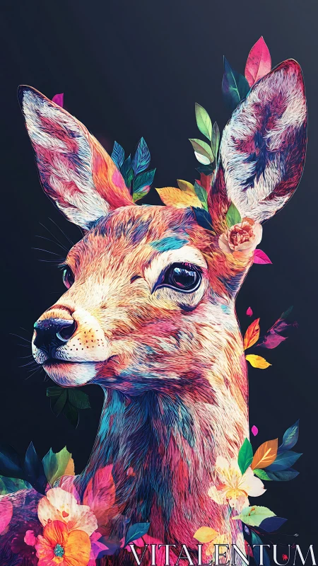 Multicolor floral deer portrait with neon foliage on dark field