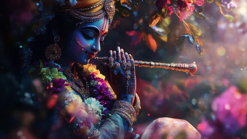 Ornate blue deity playing jeweled flute in floral bokeh field.