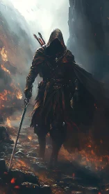 Digital painting of hooded rogue in volcanic ravine environment.
