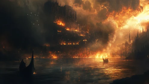 Apocalyptic medieval cityscape consumed by catastrophic inferno.