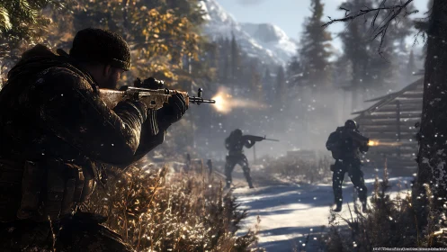 Armed soldiers trading fire in snowy forest battle scene.
