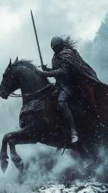 Armored knight on rearing warhorse in harsh winter storm.