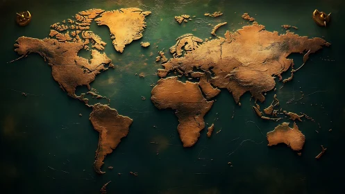 Textured metallic world map on dark green background.