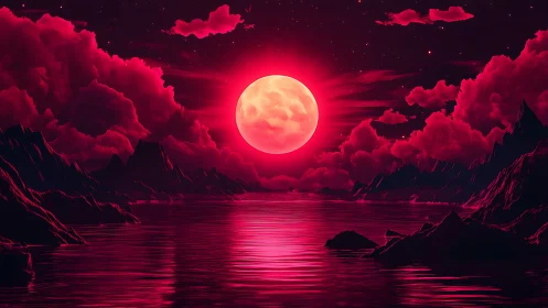 Crimson moonrise over reflective alien ocean horizon
