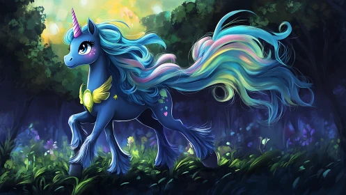 Blue unicorn with flowing rainbow mane in forest at dusk.