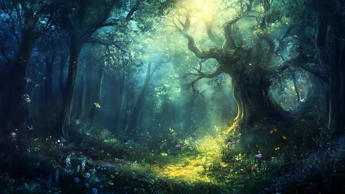 Enchanted Forest Glade. Golden Light Through Luminous Trees.