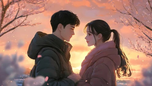 Two figures face each other under blooming cherry blossoms
