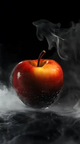 Moody red apple with swirling smoke on black background.