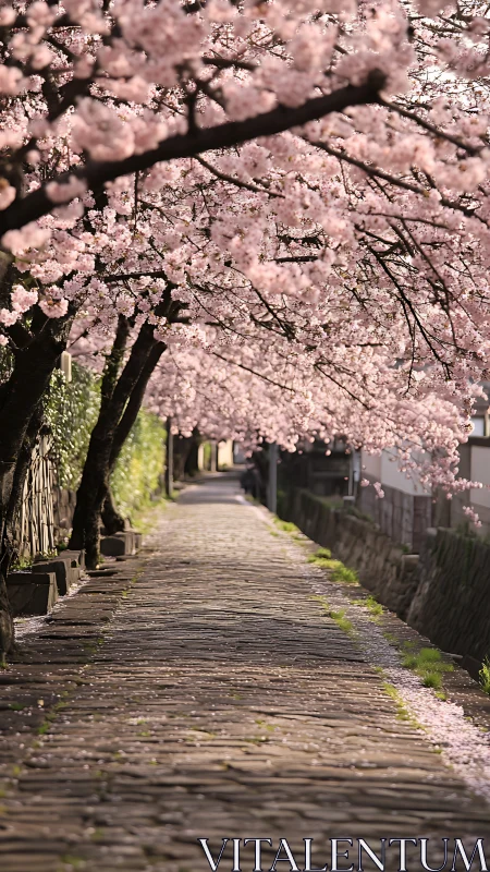 Stone walkway under blooming cherry blossom trees in spring.