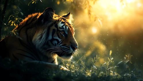 Tiger rests in side-lit forest clearing during golden hour