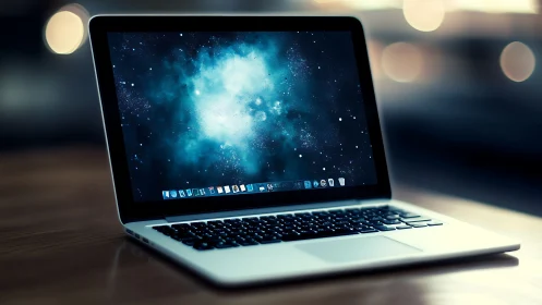 Open laptop with nebula wallpaper under shallow depth bokeh lighting