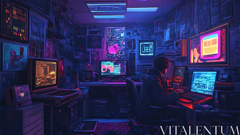 Late night hacker in neon lit retro tech workspace.