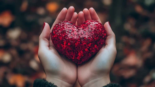 Hands Holding Red Glittering Heart Ornament