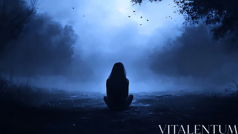 Solitary figure contemplates a misty moonlit forest river.