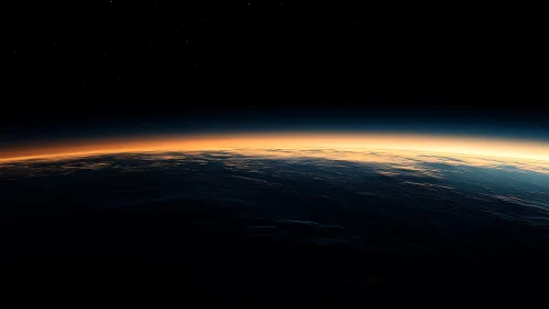 Orbital sunrise glow over dark Earth horizon from space.