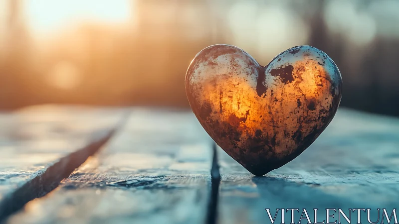 Glowing Heart of Light Rests on Weathered Wood