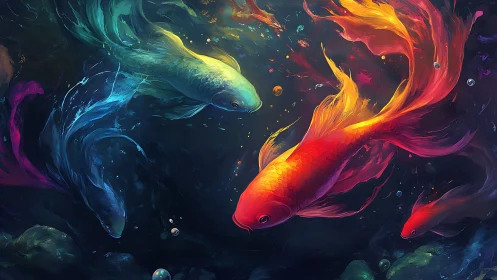 Vibrant koi fish swirl through luminous cosmic water.