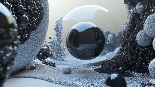 Spherical forms in granular textured digital environment.