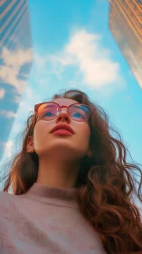 Young woman gazes upward between city towers at sunset
