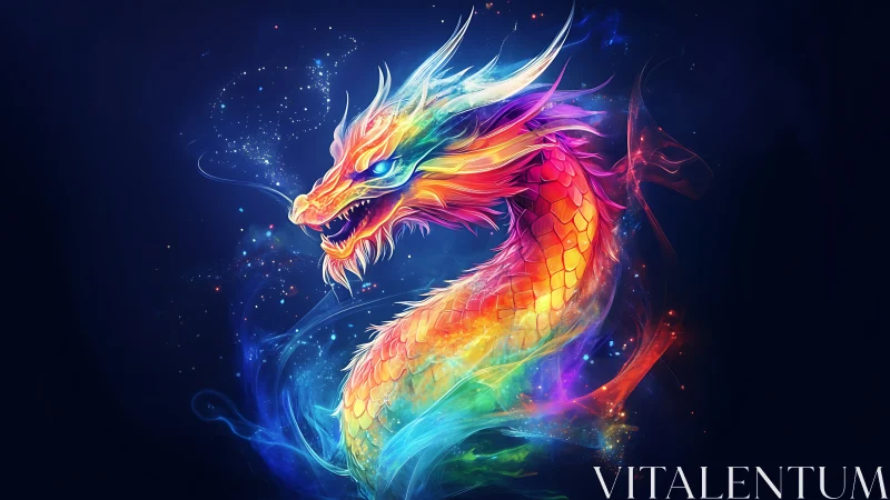 Vibrant neon dragon swirling through cosmic darkness.