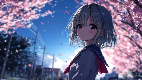 Sakura breeze pauses with a quiet schoolgirl in twilight bloom.