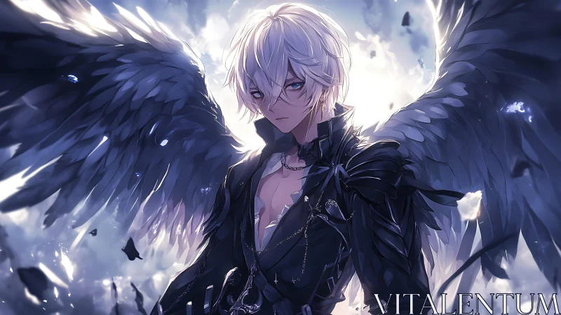 Silver haired fallen angel stands in shattered celestial light