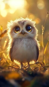 Baby owl glows under golden backlit forest sunset.