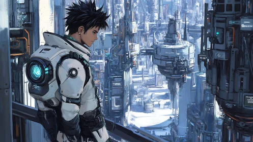 Solitary cybernetic scout overlooks vast futuristic megacity.