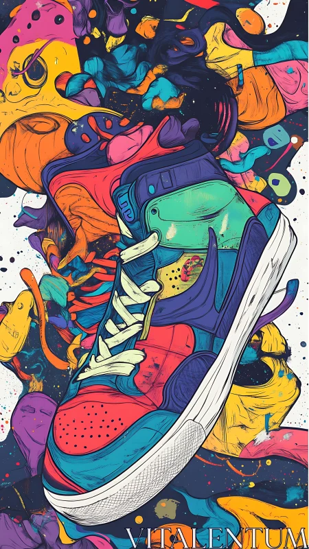 Dynamic sneaker illustration explodes through abstract neon graffiti