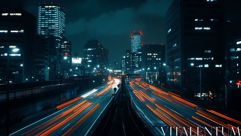 Rivers of light streak through a calm midnight cityscape