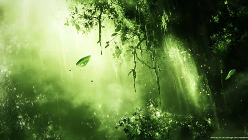 Monochromatic green forest abstraction with suspended leaves and mist