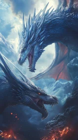 Bifurcated iceborn dragon duel above volcanic rift chasm