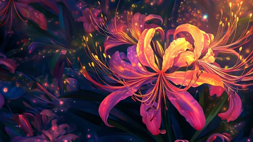 Neon Lily Flowers in Digital Light.