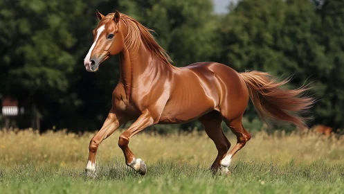 Chestnut horse cantering across summer grassland field.