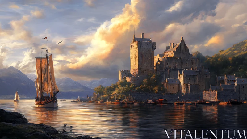 Golden harbor keep and sunlit galleon beneath storm-soft clouds.