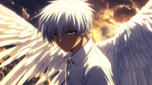 Brooding winged boy stands in glowing, stormy twilight sky