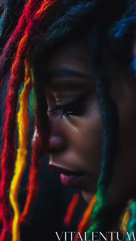 Oblique closeup isolates colorful dreadlocks and reflective skin surface