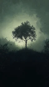 Solitary hillside tree framed by luminous mist glow.