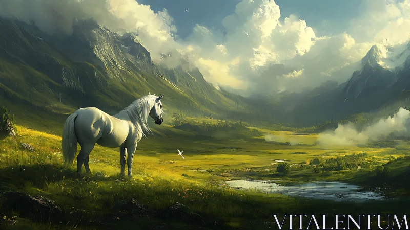 White horse surveys a misty emerald valley beneath storms