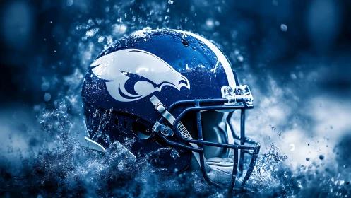 Photorealistic blue football helmet in dynamic splash field.