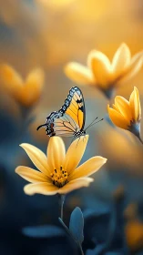 Digital painting of butterfly on yellow bloom with bokeh field.
