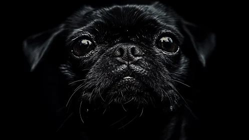 Gentle black pug gazing softly from the shadows.